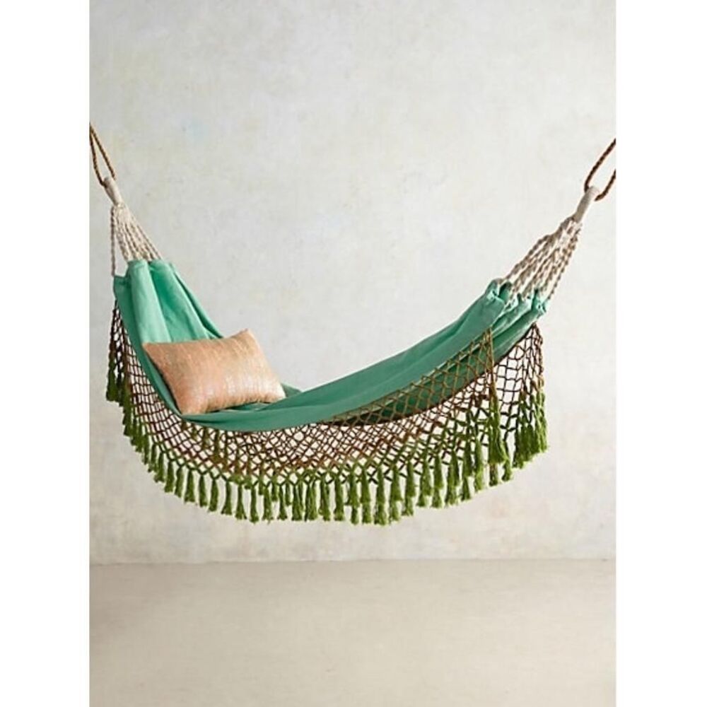Anthropologie Fringe Hammock Cotton Cozy Chic Summer Nature Boho Green Turquoise
